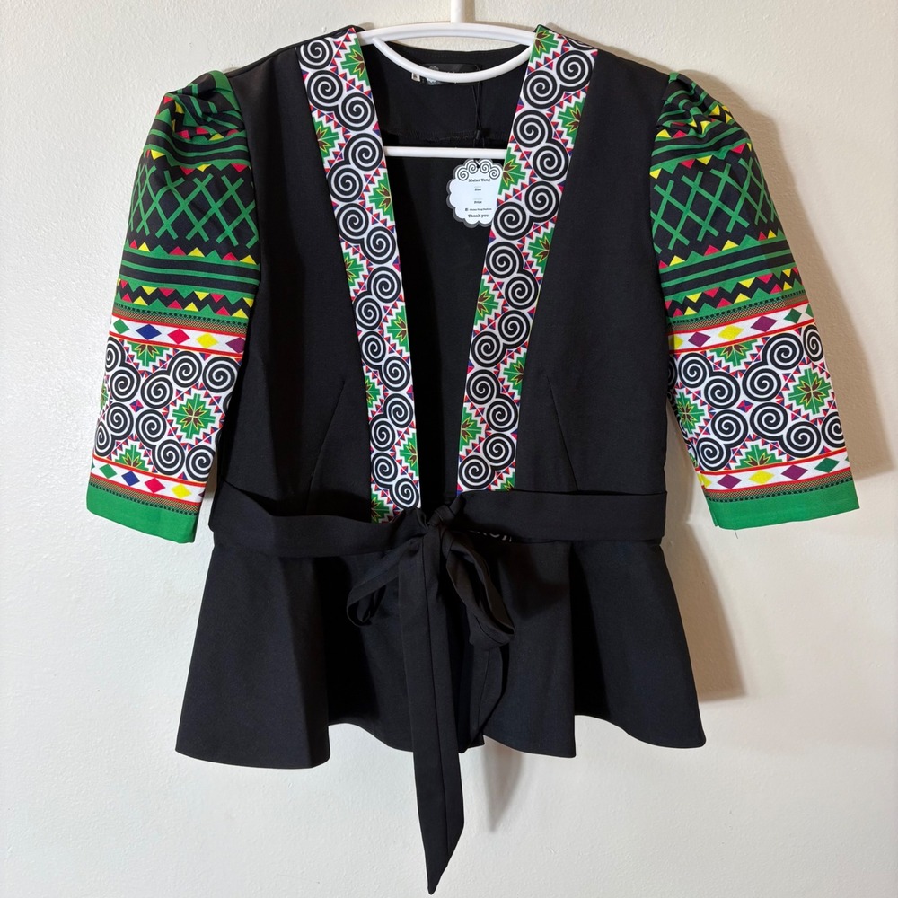 Mulan Yang NWT Peplum Tie Waist Jacket African Print Sleeve‎ Size 34 (Small)